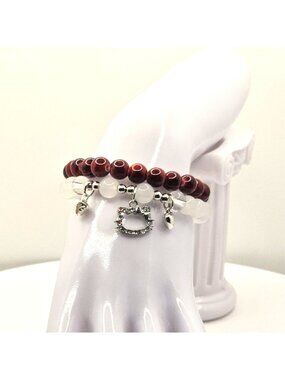 Red And White Beaded Charm Bracelet Set With Rhinestone Accents